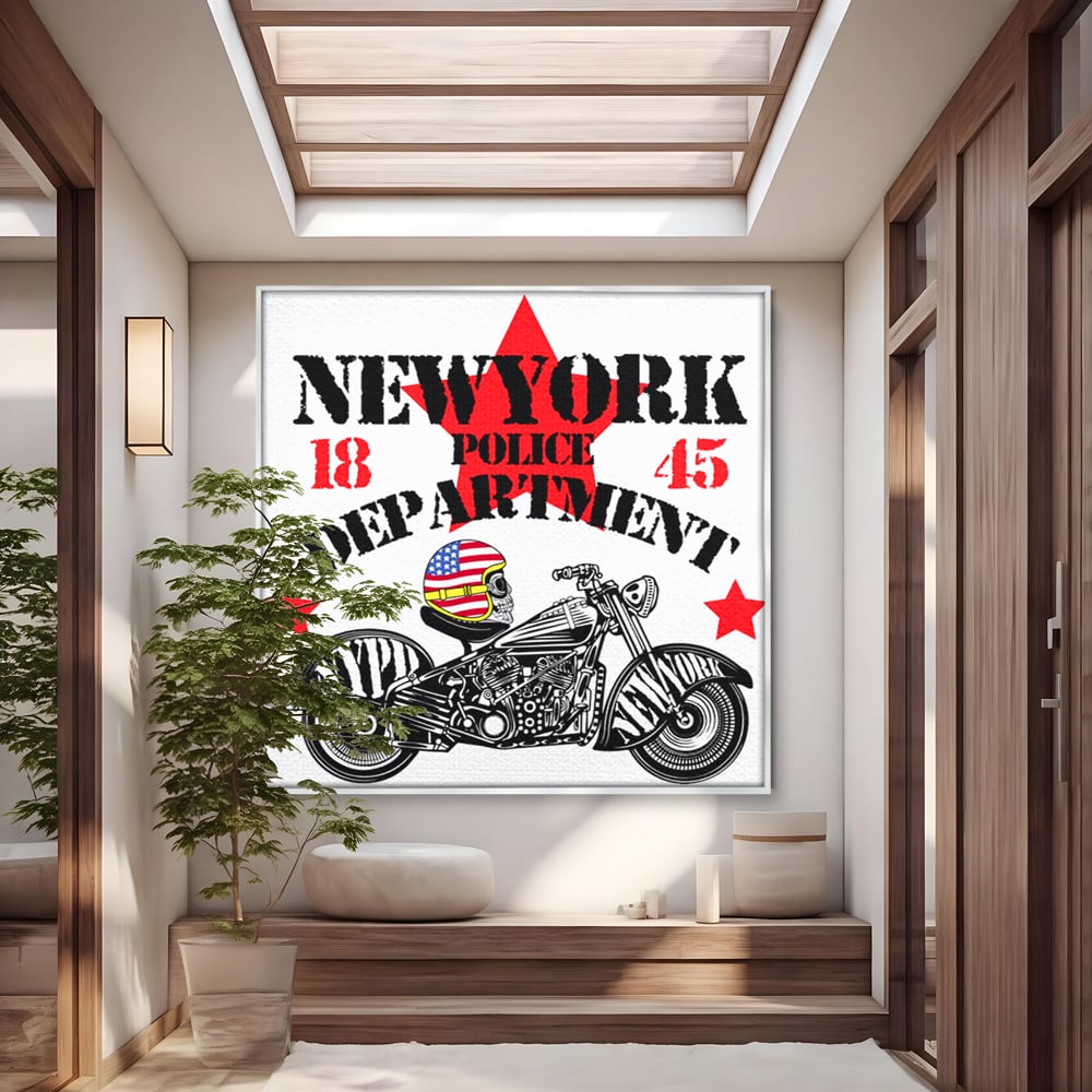 Tablou canvas cu tablou canvas cu motocicleta si craniu, in rama de aluminiu argintiu